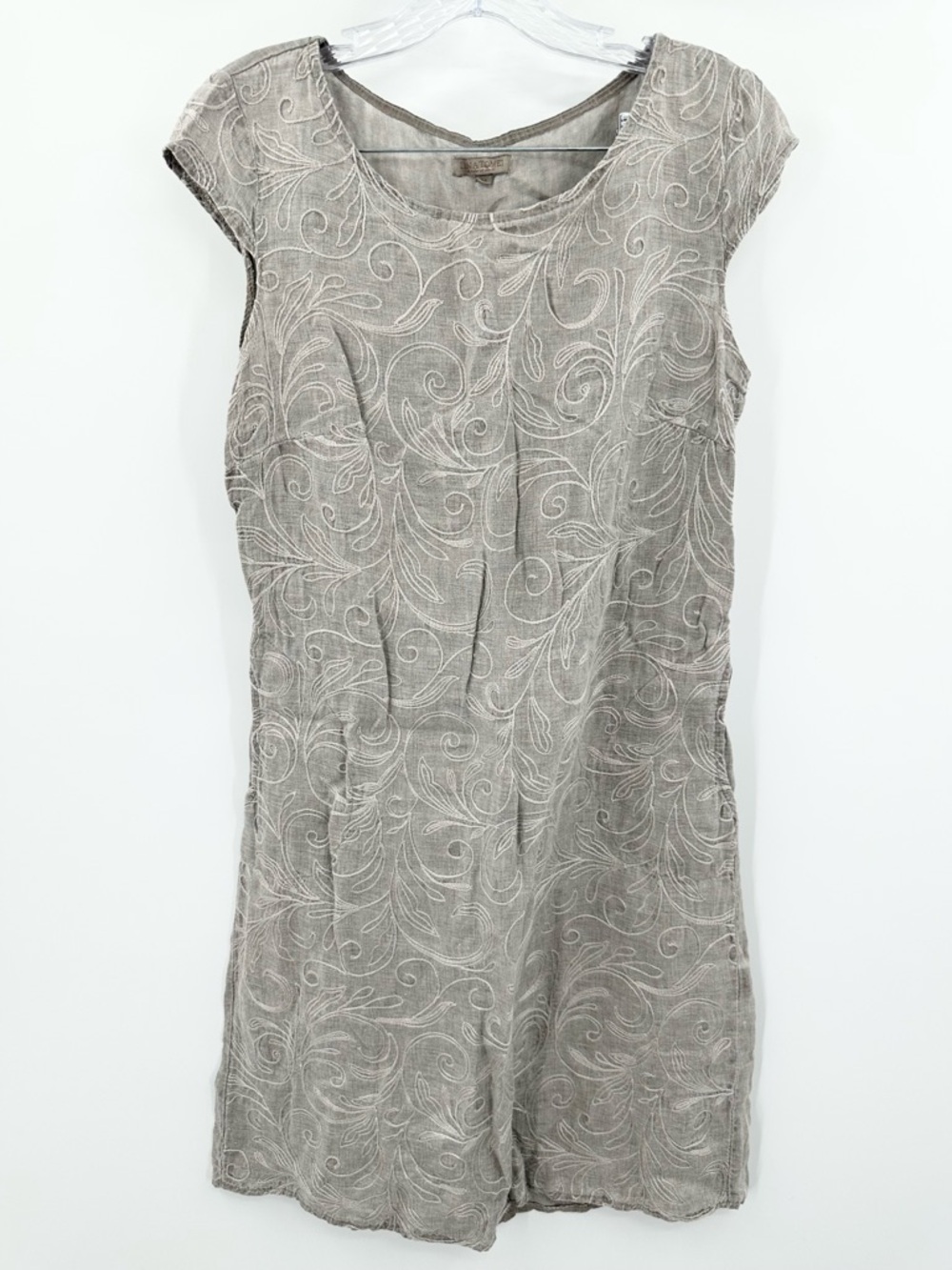 Lina Tomei Linen Dress Embroidered Shift Cap-Sleeve Grey Made in Italy Size M